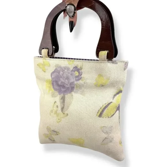 90's woven linen butterfly floral wood handle bag by FASHION EXPRESS ORIGINAL - Picture 14 of 16